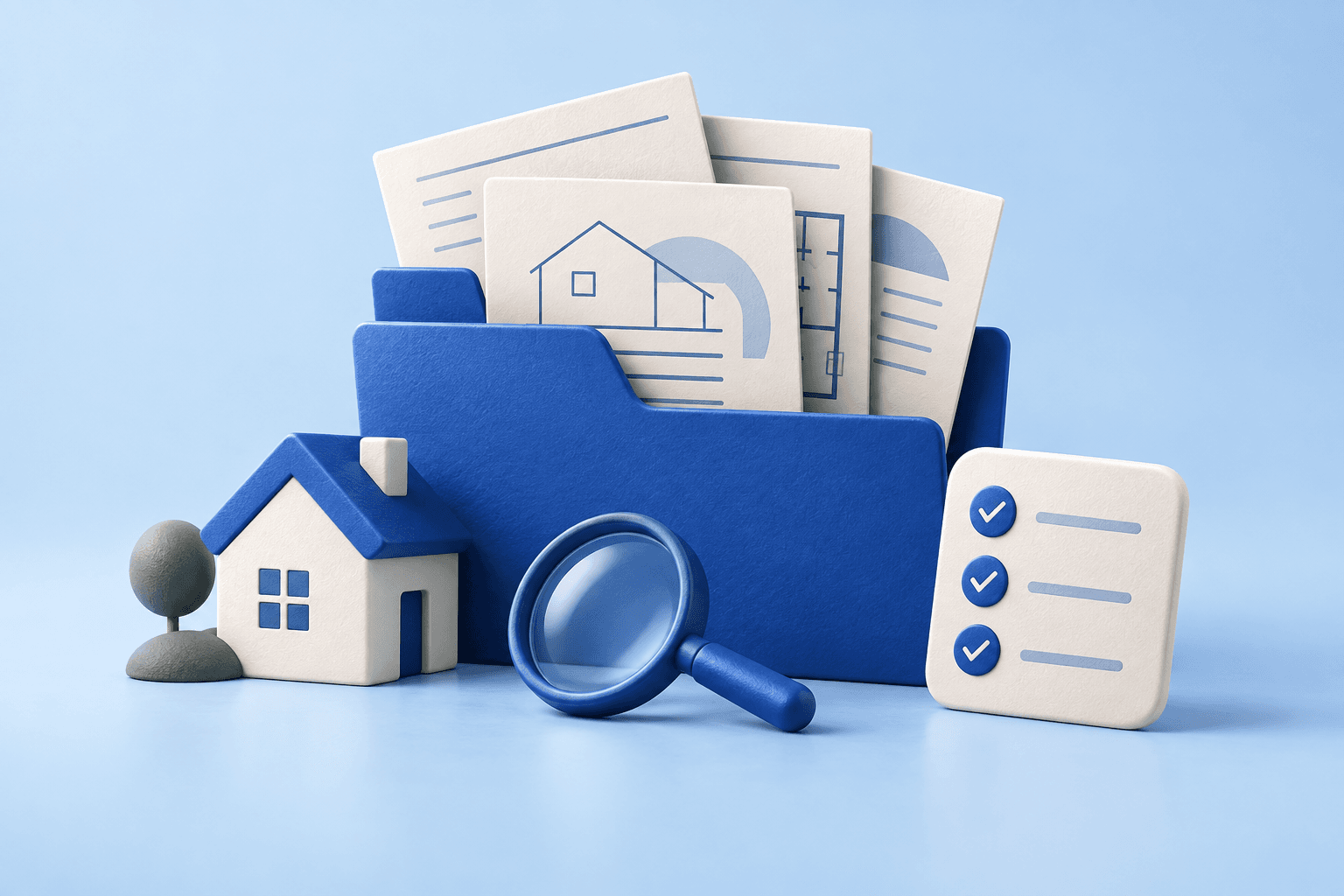 Illustration: Dokumentenmappe, Lupe und ein kleines Haus